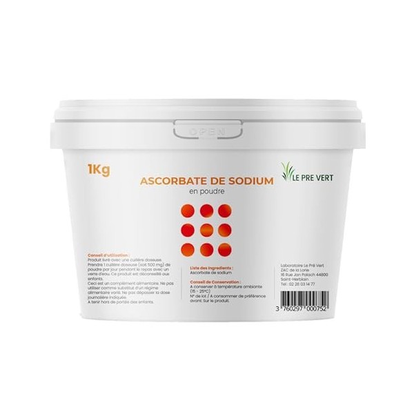 ASCORBATE DE SODIUM 100% pur - Pot 1 KG - Le Pré Vert - Energie - Immunité - Antioxydant