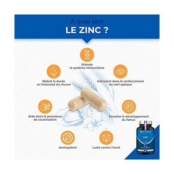 ZINC Citrate - Formule 100% Pure - Haute Absorption - Aide à Lutter Contre lAcne - Apporte 40 mg de Zinc Citrate dont 12,5 m