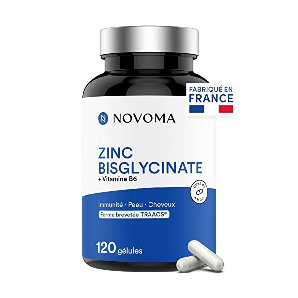 NOVOMA Zinc Bisglycinate 15 mg + Vitamine B6, 120 Gélules, Haute Absorption & Haute Teneur, Zinc breveté TRAACS®, Complement 