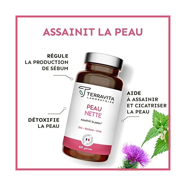 PEAU NETTE | Zinc Bisglycinate 10mg + Bardane + Biotine + Propolis | Action Détox Anti Acné & Points Noirs | Régule la Produc