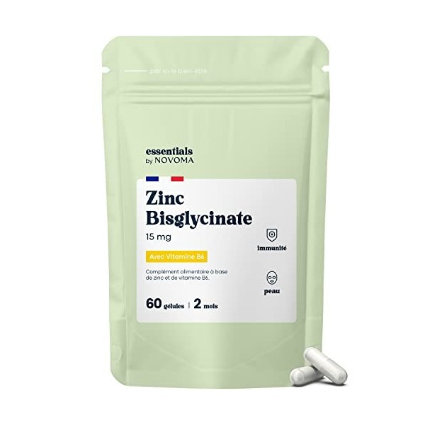 Zinc Bisglycinate + Vitamine B6, Assimilation Optimale, Cure de 2 mois, Renforce lImmunité & Combat l’Acné, 60 Gélules Végét