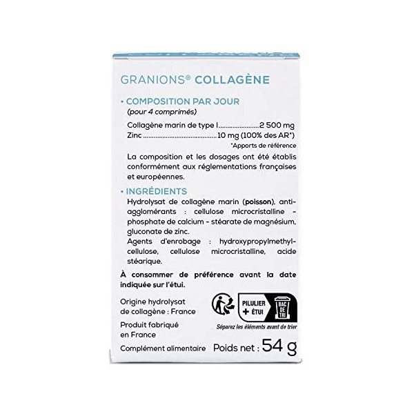 Collagène marin GRANIONS | Complement alimentaire peau | Collagene marin hydrolysé 2500mg avec Zinc | Peau lisse, anti age fe