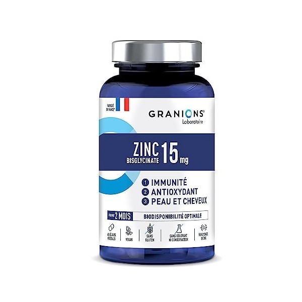 GRANIONS| Bisglycinate de Zinc 15 mg | Immunité, Antioxydant | Beauté de la peau et des cheveux | Vegan, sans gluten, sans co