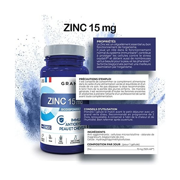 GRANIONS| Bisglycinate de Zinc 15 mg | Immunité, Antioxydant | Beauté de la peau et des cheveux | Vegan, sans gluten, sans co