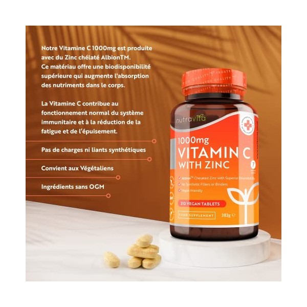 Vitamine C 1000 mg et Zinc 15 mg - 210 comprimés Végan - Zinc Albion® pour une meilleure absorption - Supplément entièrement 