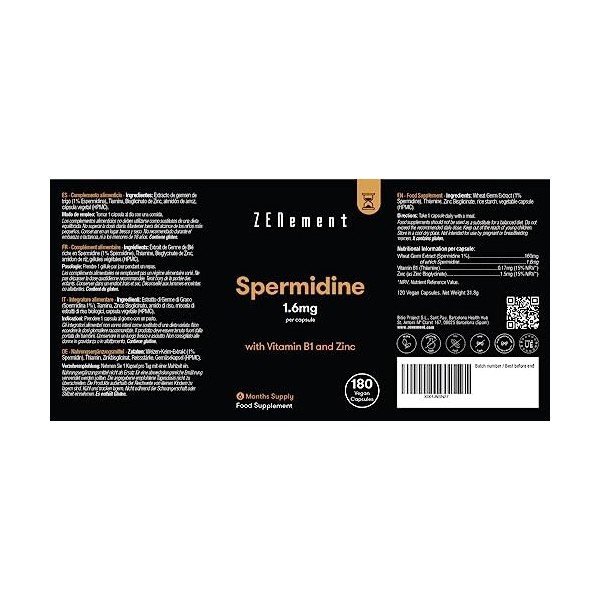 Spermidine, 180 Gélules | 1,6 mg par gélule | avec Vitamine B1 et Zinc | Extrait de germe de Blé | Anti-âge, Vieillissement S