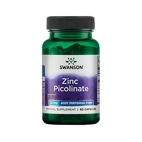 Swanson, Zinc Picolinate Picolinate de Zinc , avec 22mg de Zinc Élémentaire, 60 Capsules, Hautement Dosé, Testé en Laboratoi