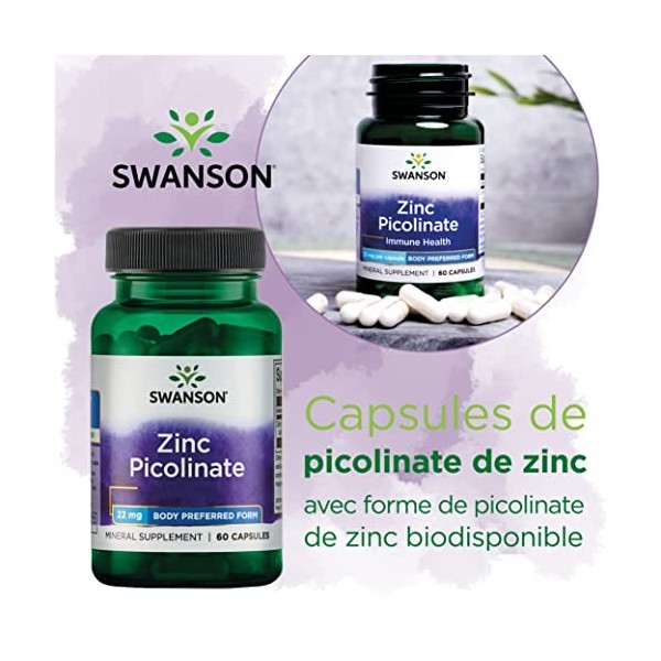 Swanson, Zinc Picolinate Picolinate de Zinc , avec 22mg de Zinc Élémentaire, 60 Capsules, Hautement Dosé, Testé en Laboratoi