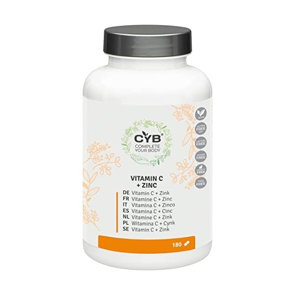 CYB | Vitamine C & Zinc - Vitamine C 225mg - Zinc 2.25mg - 180 Comprimés pour 6 mois - Supplément Quotidien Végétalien - Mult