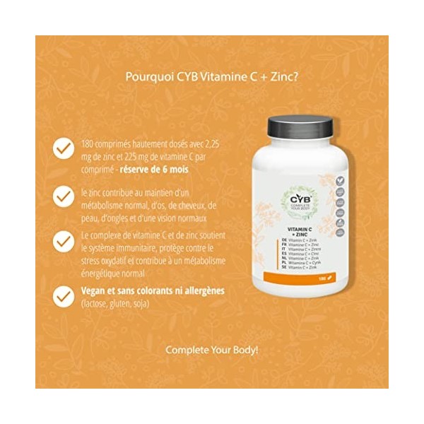 CYB | Vitamine C & Zinc - Vitamine C 225mg - Zinc 2.25mg - 180 Comprimés pour 6 mois - Supplément Quotidien Végétalien - Mult