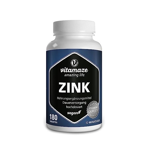 Zinc 25 mg par dose journalière -180 comprimés pour 12 mois - Zinc Complément AIlimentaire Naturel Sans Additif, fabriqué en 