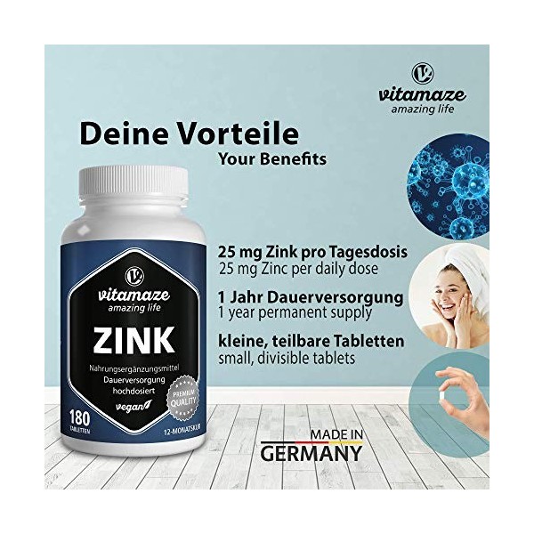 Zinc 25 mg par dose journalière -180 comprimés pour 12 mois - Zinc Complément AIlimentaire Naturel Sans Additif, fabriqué en 