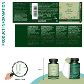 ZINC Vegavero® | Avec Vitamine C 100% Naturelle | Défenses immunitaires + Peau | Sans Additifs | 180 Gélules | VEGAN