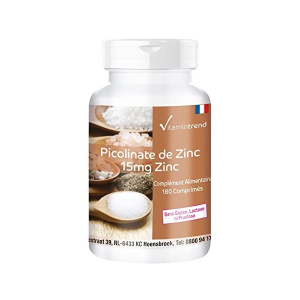 Zinc 15mg sous forme de Picolinate – Vegan – Hautement dosé – Boite de 180 comprimés - 6 MOIS | Vitamintrend®