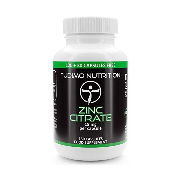 Citrate de Zinc Complement Alimentaire 15mg - 150 Capsules 5 mois à Désintégration Rapide, Chacune avec 15 mg Zinc Citrate 