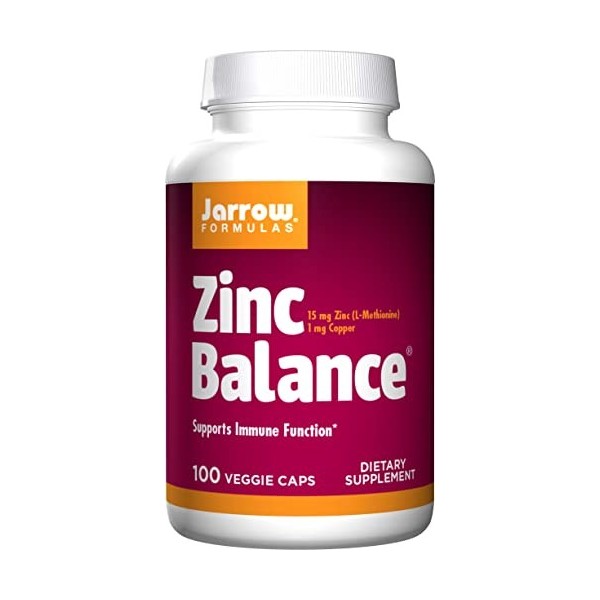 Jarrow Formulas, Zinc Balance, Zinc 15mg et Cuivre 1mg, 100 Capsules végétaliennes, Testé en Laboratoire, Sans Gluten, Végéta