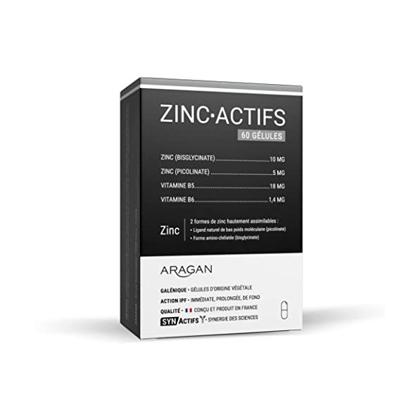 ARAGAN - Synactifs - Zincactifs - Complément Alimentaire Immunité et Peau - Zinc, Vitamines B5 et B6 - 60 gélules - 1 mois de