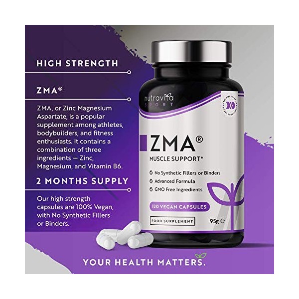 ZMA haute résistance - 120 capsules Végan - Zinc, magnésium et vitamine B6 - Contribue à la fonction musculaire normale, aux 