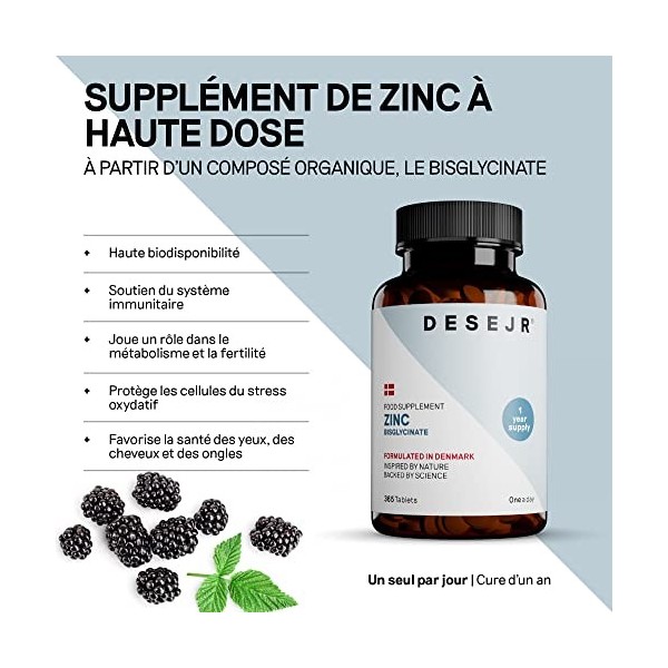 DESEJR Bisglycinate De Zinc - 365 comprimés 1 An , Soutient le Système Immunitaire, Renforce la Peau, les Cheveux, les Ongle