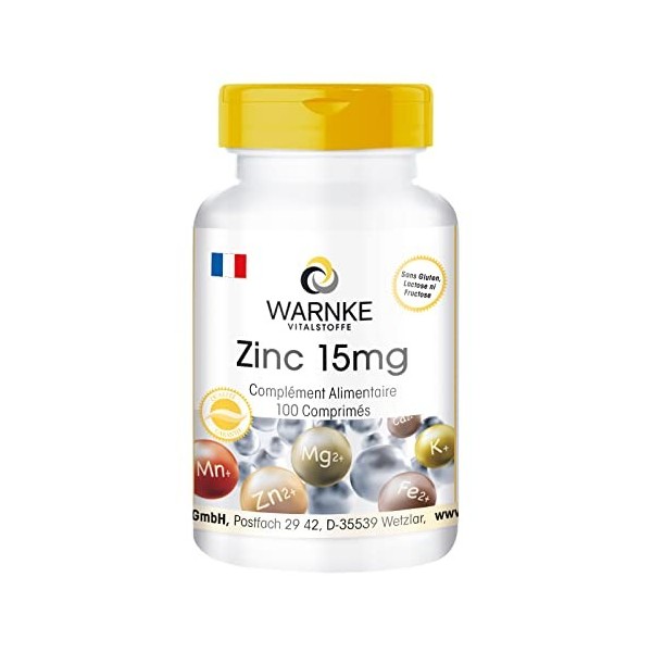 Zinc 15 mg - 100 comprimés, forme organique sous forme de gluconate de zinc, oligo-élément, végétalien | Warnke Vitalstoffe