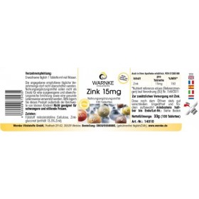 Zinc 15 mg - 100 comprimés, forme organique sous forme de gluconate de zinc, oligo-élément, végétalien | Warnke Vitalstoffe