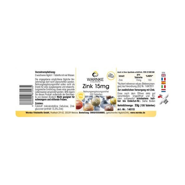 Zinc 15 mg - 100 comprimés, forme organique sous forme de gluconate de zinc, oligo-élément, végétalien | Warnke Vitalstoffe