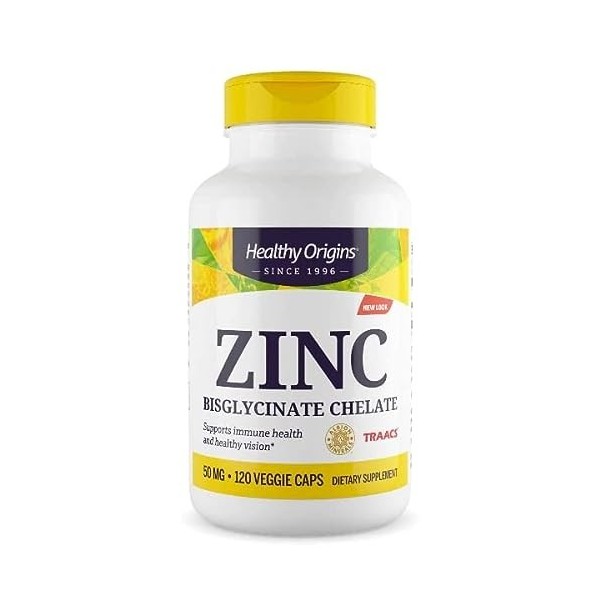 Healthy Origins, Zinc Bisglycinat Chelat, 50mg de Zinc, Dépôt - une Capsule tous les 2 Jours, 120 Capsules végétaliennes, Tes