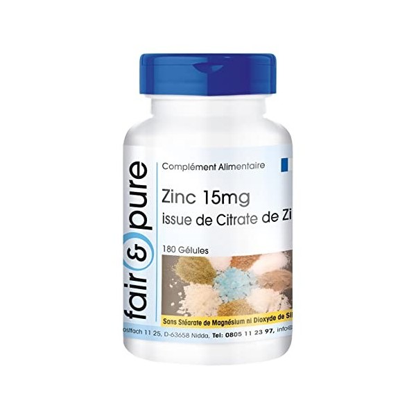 Fair & Pure® - Zinc 15 mg - citrate de zinc - végan - à haute dose - 180 gélules de zinc pour 6 mois