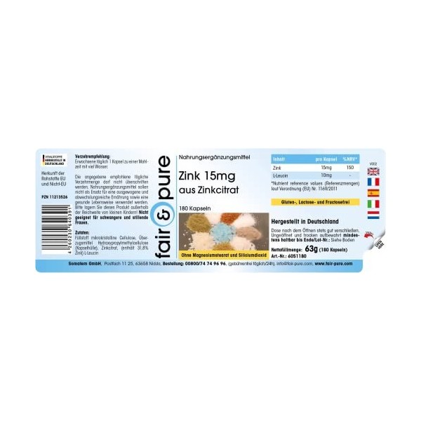 Fair & Pure® - Zinc 15 mg - citrate de zinc - végan - à haute dose - 180 gélules de zinc pour 6 mois