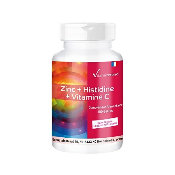 Zinc + Histidine + Vitamine C - haute dose - avec 300mg de Vitamine C & 10mg de Zinc - végétalien - 180 gélules - pour le sys