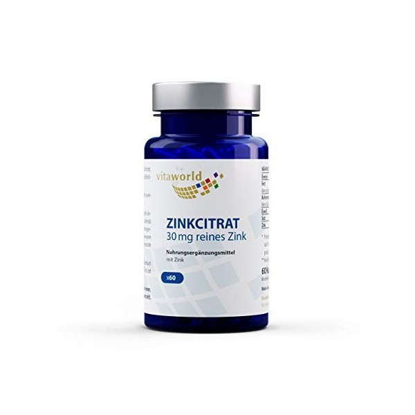 Vita World Pack de 3 Citrate de zinc 30 mg de Zinc Pur 3 x 60 Capsules Made in Germany