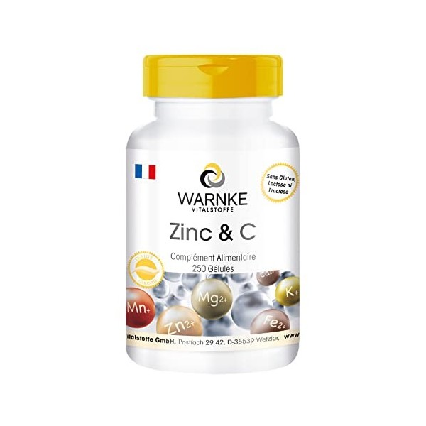 Zinc et vitamine C 300 mg - vitamine C - 5 mg de zinc - 250 gélules - Végétarien | Warnke Vitalstoffe