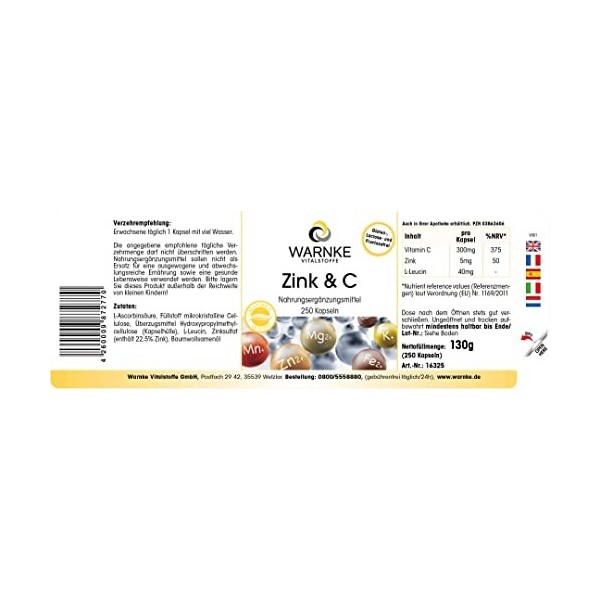 Zinc et vitamine C 300 mg - vitamine C - 5 mg de zinc - 250 gélules - Végétarien | Warnke Vitalstoffe