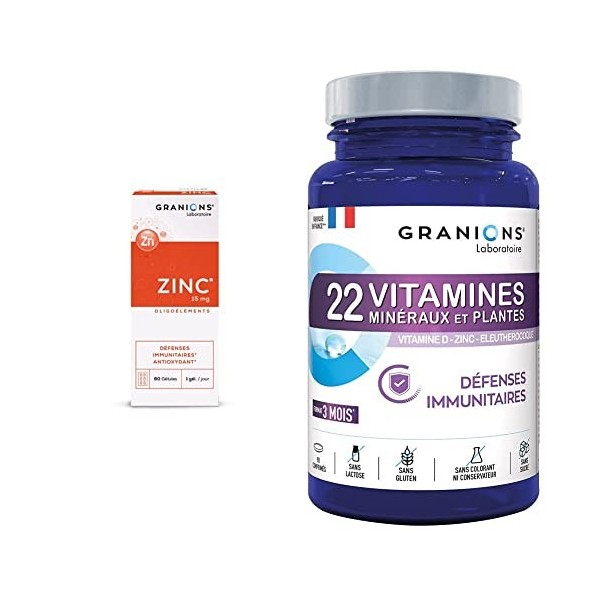 GRANIONS - LOT ZINC 15 mg et 22 VITAMINES, Minéraux, Plantes Immunité - Défenses immunitaires & Antioxydant - 150 µg dIODE 1