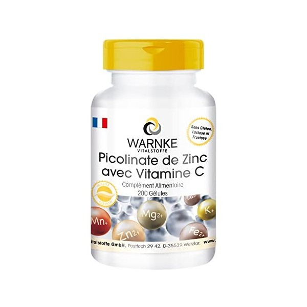 Zinc et vitamine C - 15mg de Zinc par gélule - plus Vitamine C - 200 gélules - Végan - Picolinate de zinc | Warnke Vitalstoff