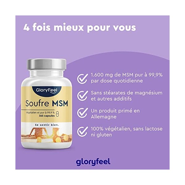 MSM Pur avec 99,9% de Méthylsulfonylméthane 365 Capsules , Soufre MSM Hautement Dosé 1600 mg par dose quotidienne , 100% Vé