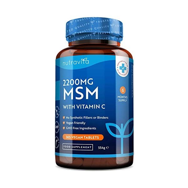 MSM 2200 mg avec Vitamine C 80 mg - 365 Haute Résistance Comprimés Végan - Méthylsulfonylméthane - Approvisionnement de 6 moi