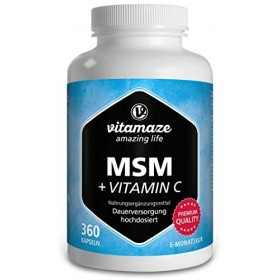 MSM Gélules 1334 mg avec Vitamine C - Durée de 6 Mois, 360 Capsules de Soufre Organique et Vegan - 99,9% Méthylsulfonylméthan