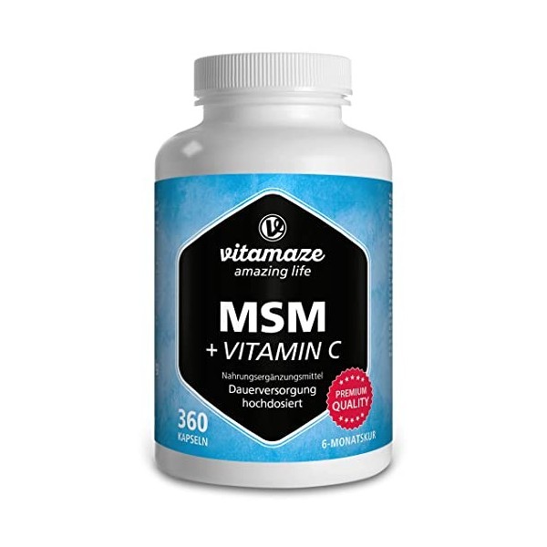 MSM Gélules 1334 mg avec Vitamine C - Durée de 6 Mois, 360 Capsules de Soufre Organique et Vegan - 99,9% Méthylsulfonylméthan
