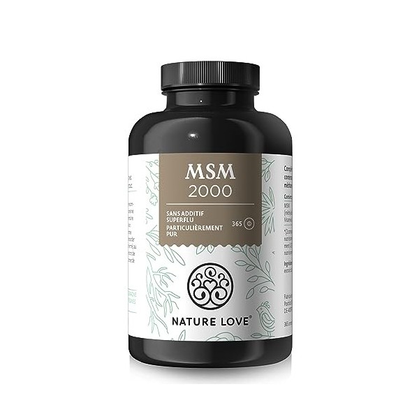 NATURE LOVE® MSM 2000mg avec vitamine C - 365 comprimés testés en laboratoire - poudre de MSM plus compacte qu’avec des gélul