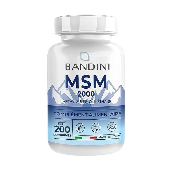 BANDINI® MSM - 200 comprimés - 2000 mg de poudre de méthylsulfonylméthane MSM + vitamine C par dose quotidienne 2 comprimé