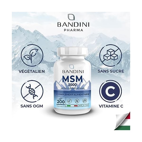 BANDINI® MSM - 200 comprimés - 2000 mg de poudre de méthylsulfonylméthane MSM + vitamine C par dose quotidienne 2 comprimé