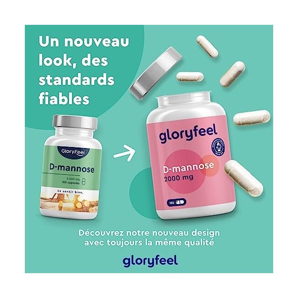 D-Mannose Pur 2 000mg par Dose Quotidienne Fortement Dosée, 180 Capsules, 100% Végétalien et Naturel, Hautement Biodisponible