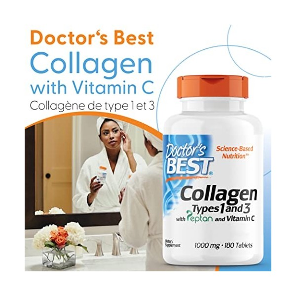 Doctors Best, Collagène Types 1 et 3, Peptane & Vitamine C, 1.000mg, 180 Comprimés, Testé en Laboratoire, Sans Gluten, Sans 