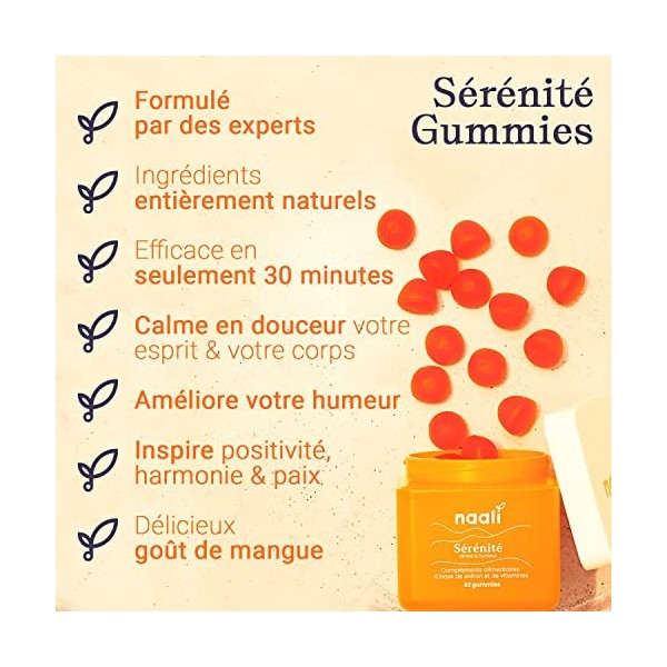 Naali Sérénité Gummies - Safran Gelules Naturel Meilleure Résistance au Stress Angoisse - Gummies Sommeil & Calme Bon Goût de