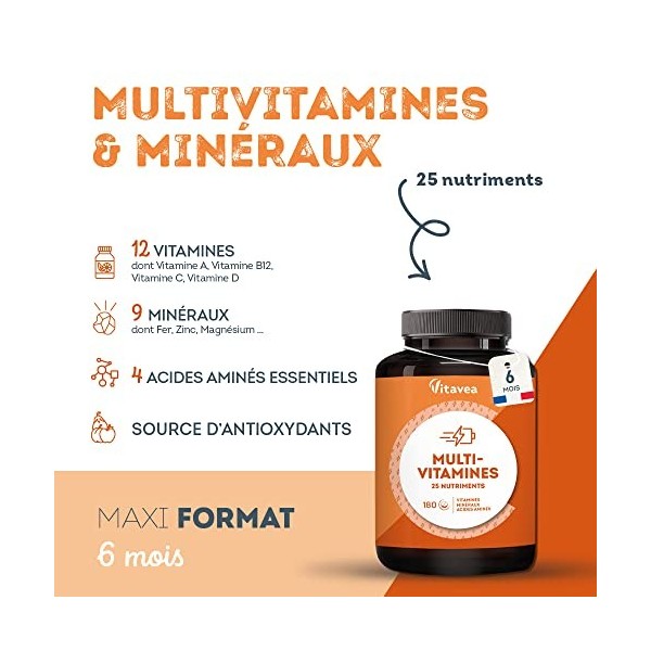 Multivitamines et Minéraux - 25 nutriments - Cure 6 mois - Vitamines A B C D E Zinc et Fer - Multivitamines Homme et Femme Én