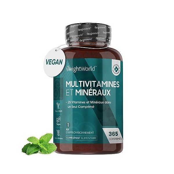 Multivitamines et Minéraux - 365 Comprimés Vegan 12 Mois Menthe Poivrée - 25 Nutriments Essentiels Vitamines A B C D3 E K2 