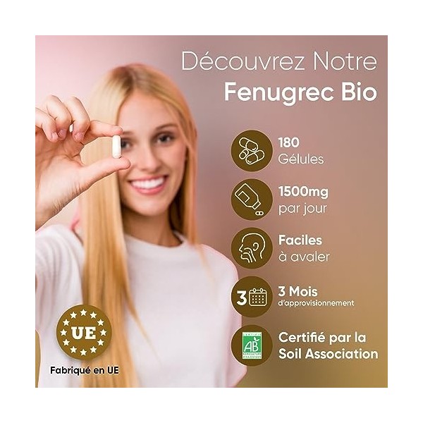 Fenugrec en Gélule de 1500 mg - 180 Gélules Pour 3 Mois - Fenugrec Bio Riche en Protéine et Vitamine - Produit Certifié par A