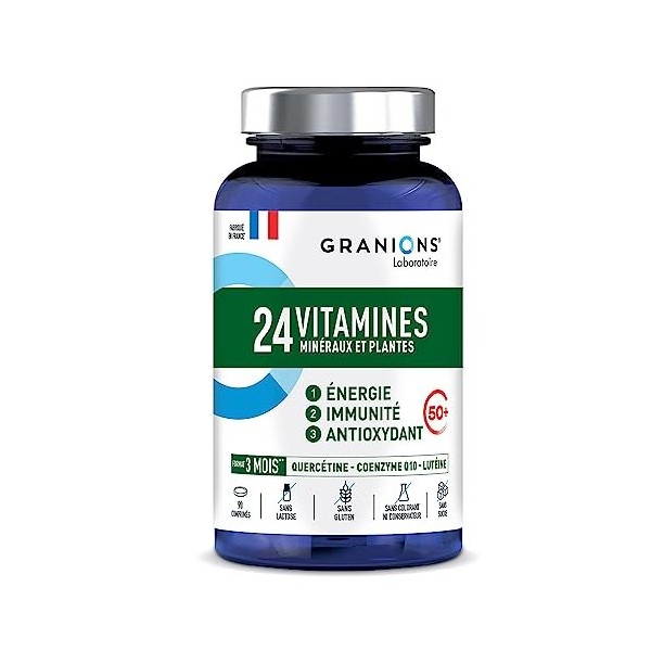 24 Vitamines GRANIONS | Oligo elements, Zinc, Magnésium, Vitamines et Minéraux | Sélénium, Coenzyme Q10, Cuivre | Energie, Im