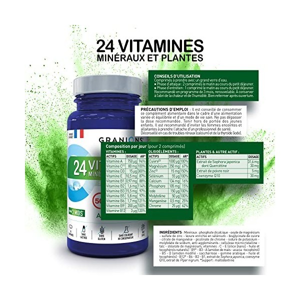 24 Vitamines GRANIONS | Oligo elements, Zinc, Magnésium, Vitamines et Minéraux | Sélénium, Coenzyme Q10, Cuivre | Energie, Im